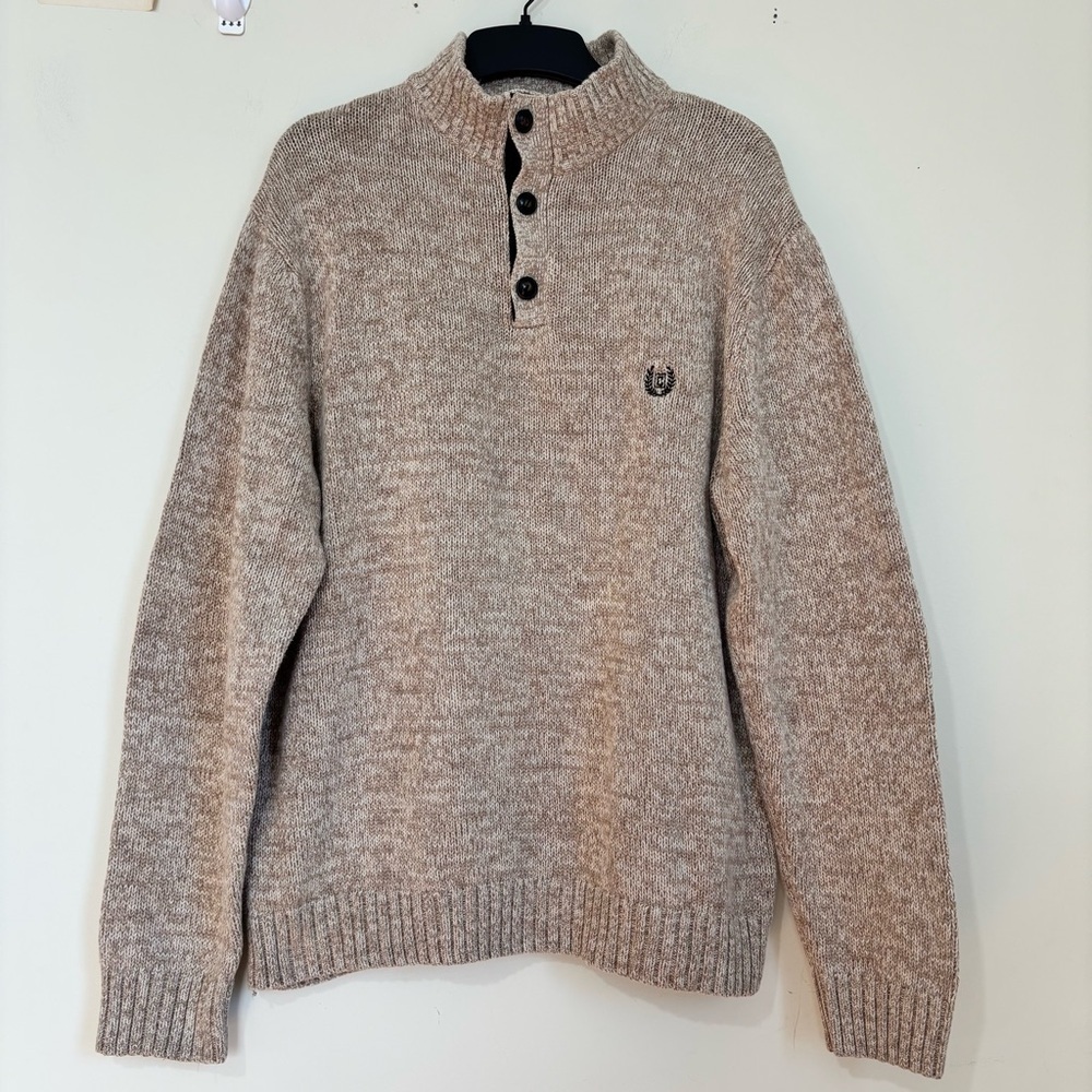 Chaps Men Beige Brown Quarter Button Long Sleeve Elbow Patch Cotton Knit sweater - Picture 2 of 16